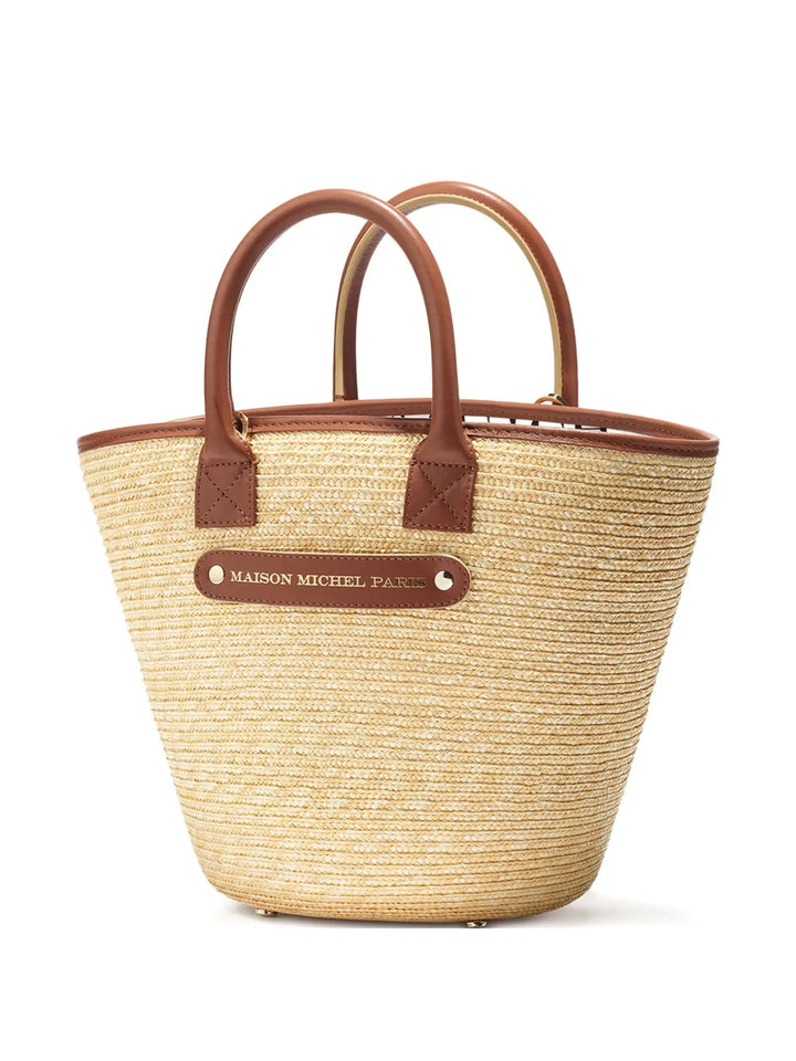 New SeasonMaison Michelleather-handle straw tote bag