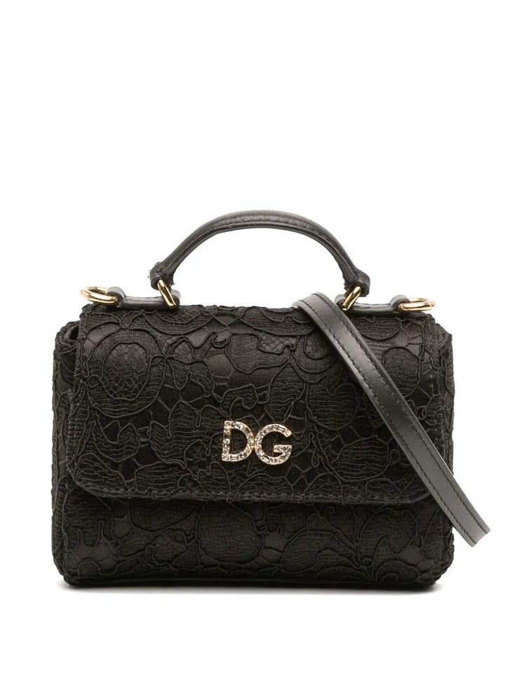 Pre-OwnedDolce & Gabbana Pre-Owned1990-2010 Silk and Lace Crystal Embellished DG Flap satchel